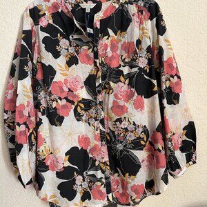 Medium floral print blouse. Brown, white, pink and yellow